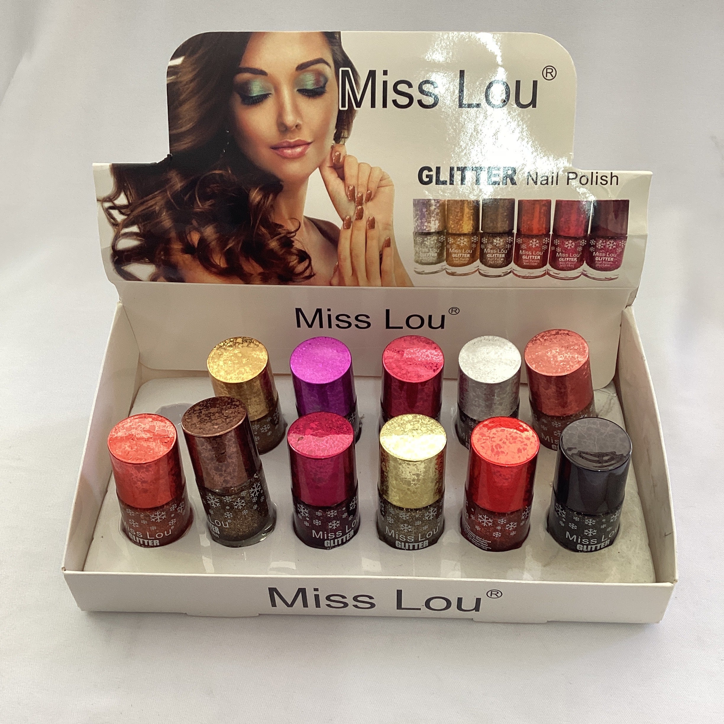 ESMALTE MISS LOU CON BRILLOS SURTIDO EN COLORE POR MAYOREO