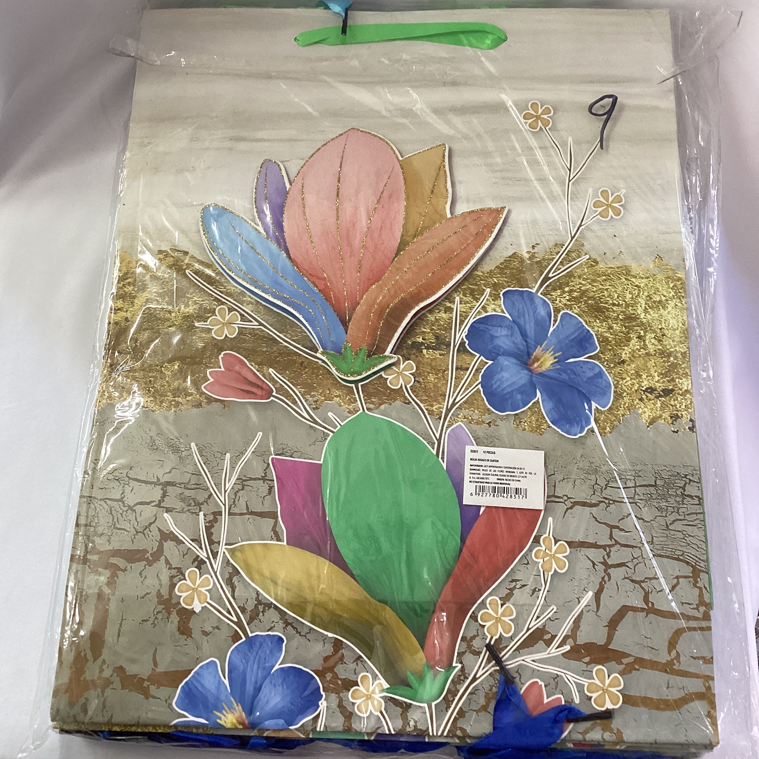 BOLSA DE REGALO JUMBO 40X31 CM MOTIVO FLORES SURTIDA EN 4 DISEÑOS Y COLORES POR MAYOREO