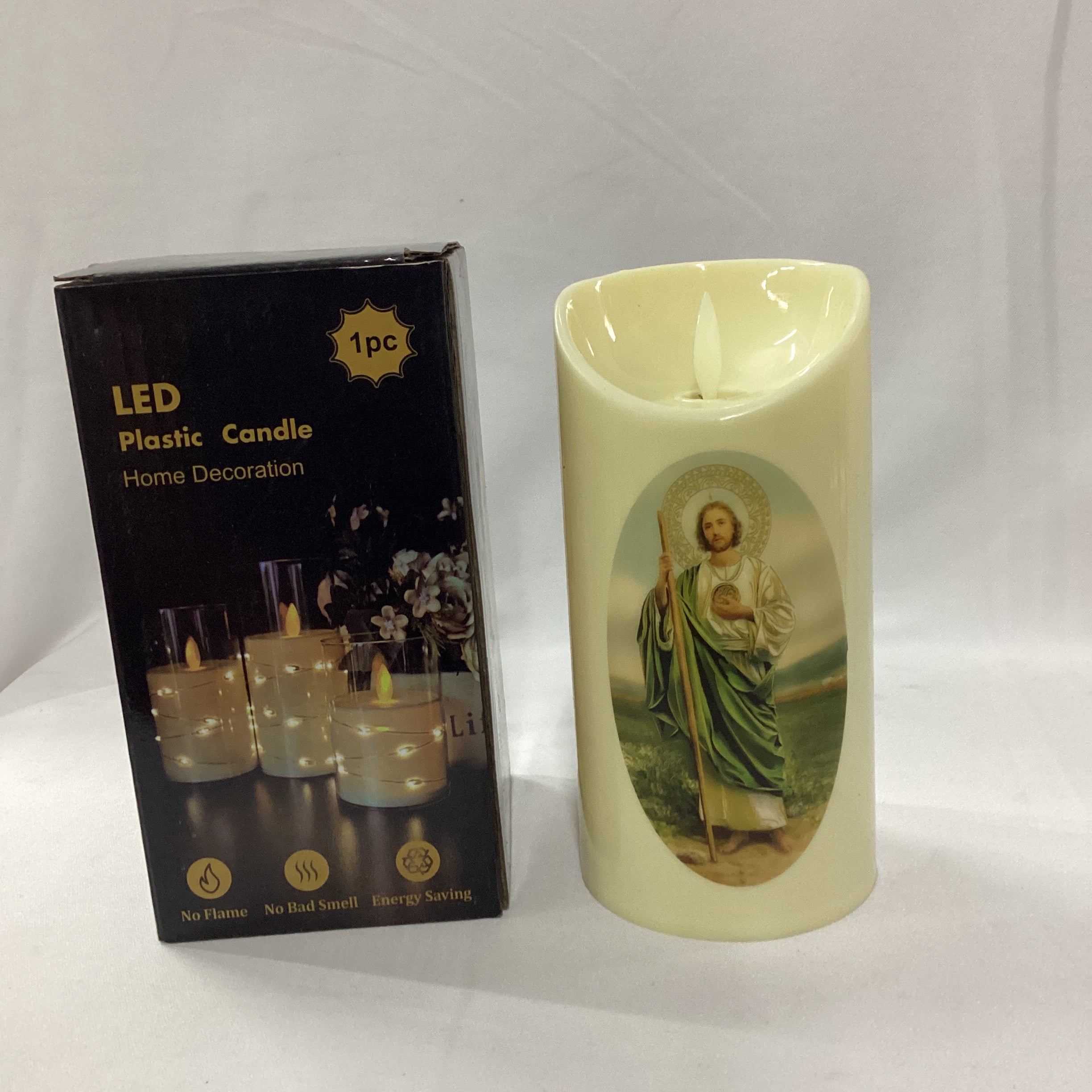 VELA LED RELIGIOSA 15 CM ALTO 7 CM DIÁMETRO SURTIDA EN DISEÑOS POR MAYOREO