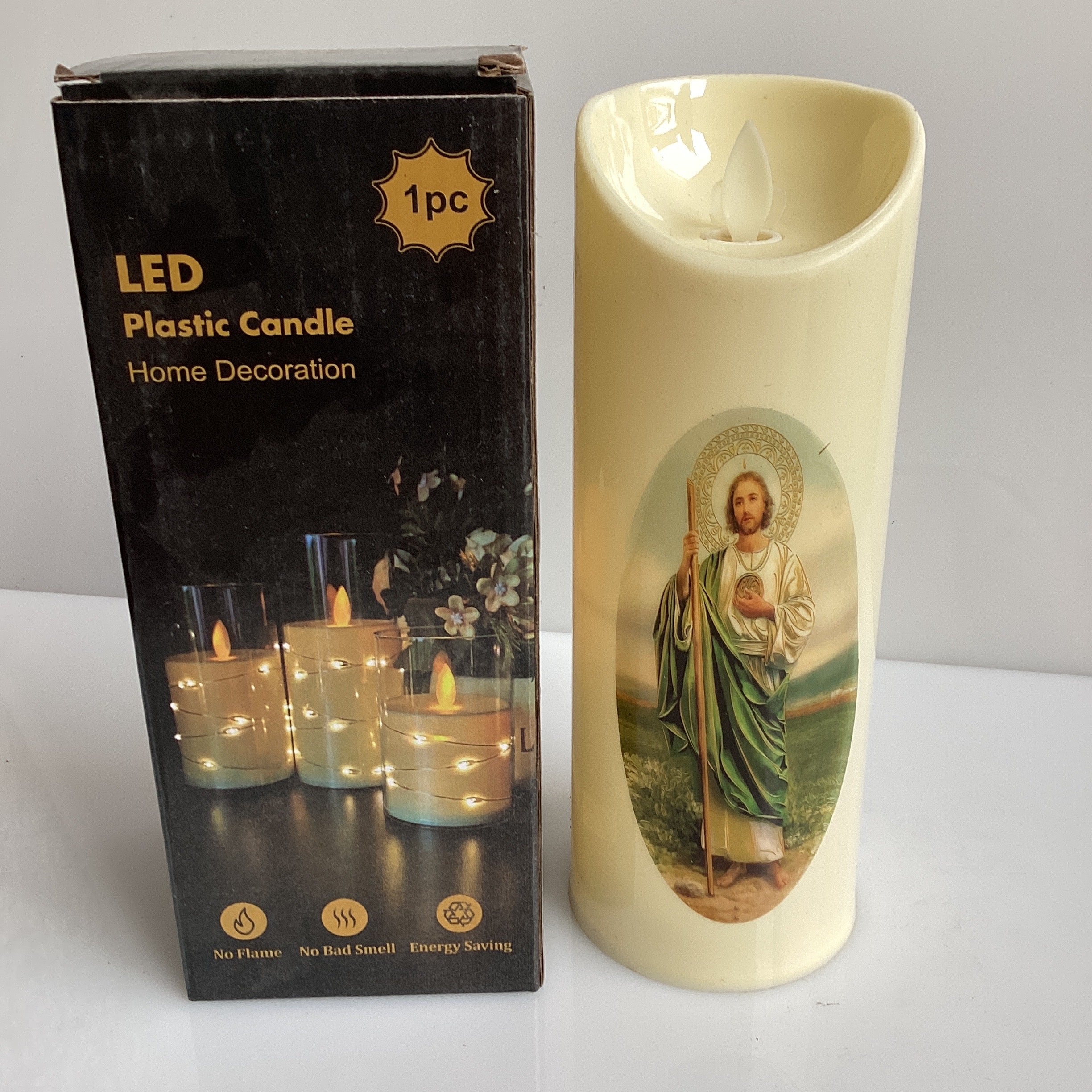 VELA LED RELIGIOSA 20 CM ALTO 7 CM DIÁMETRO SURTIDA EN DISEÑOS POR MAYOREO