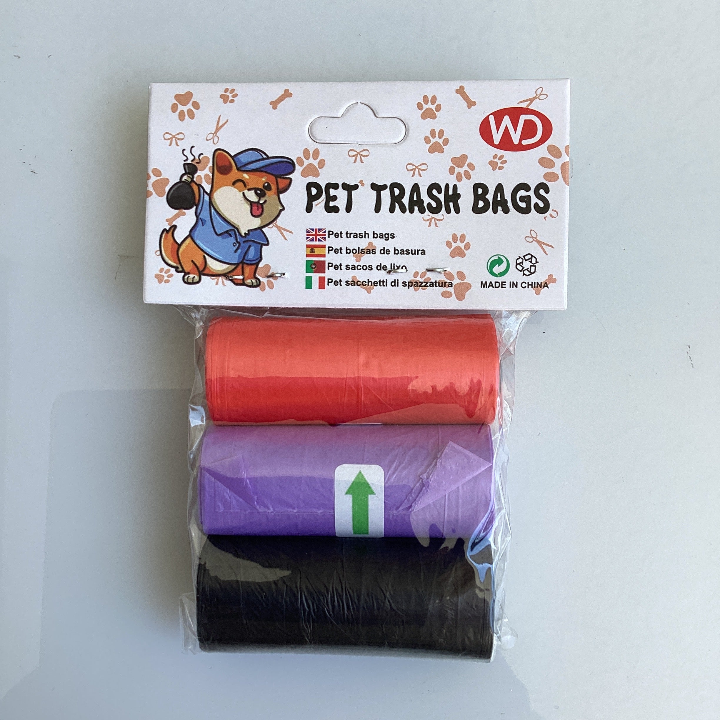 SET DE BOLSAS DE PLÁSTICO PARA DESHECHOS DE MASCOTA CON 3 ROLLOS EN COLORES SURTIDOS POR MAYOREO