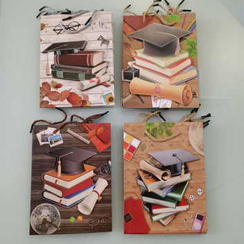 BOLSA DE REGALO 24X18 CM SURTIDO EN DISEÑOS 3D MOTIVOS DE GRADUACION POR MAYOREO