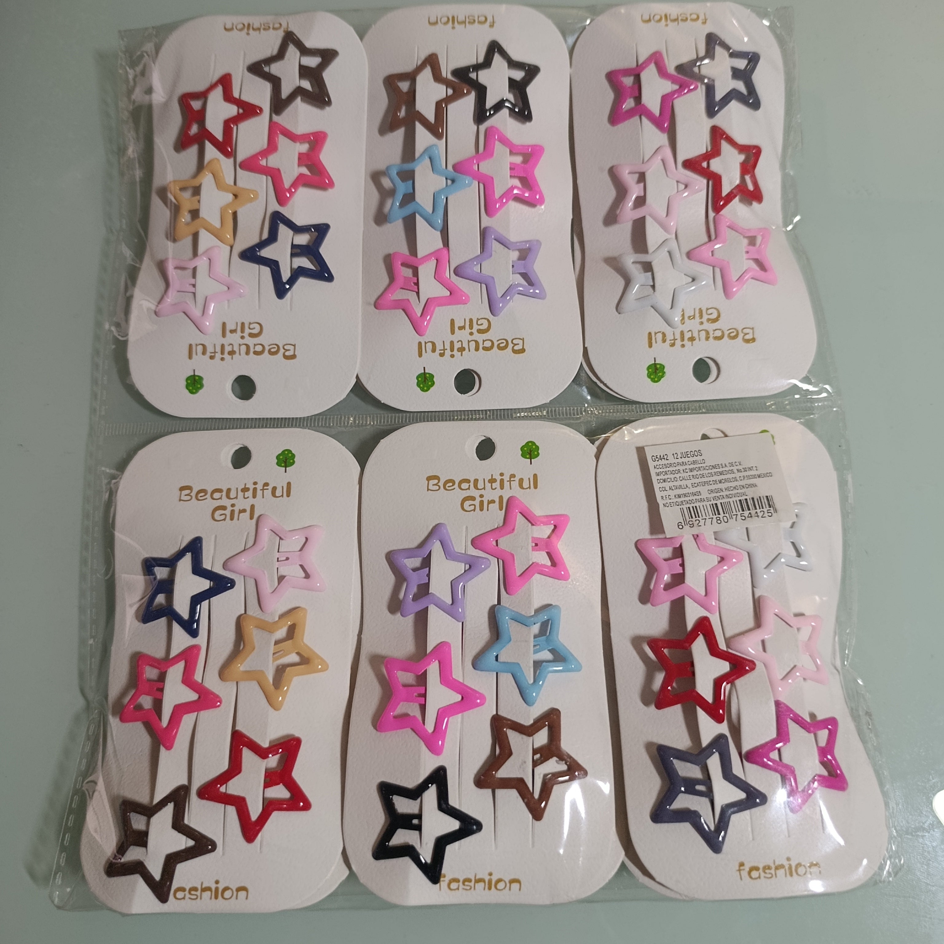 SET DE 6 PINZAS FORMA DE ESTRELLA DE 3 CM PARA CABELLO SURTIDA EN COLORES POR MAYOREO