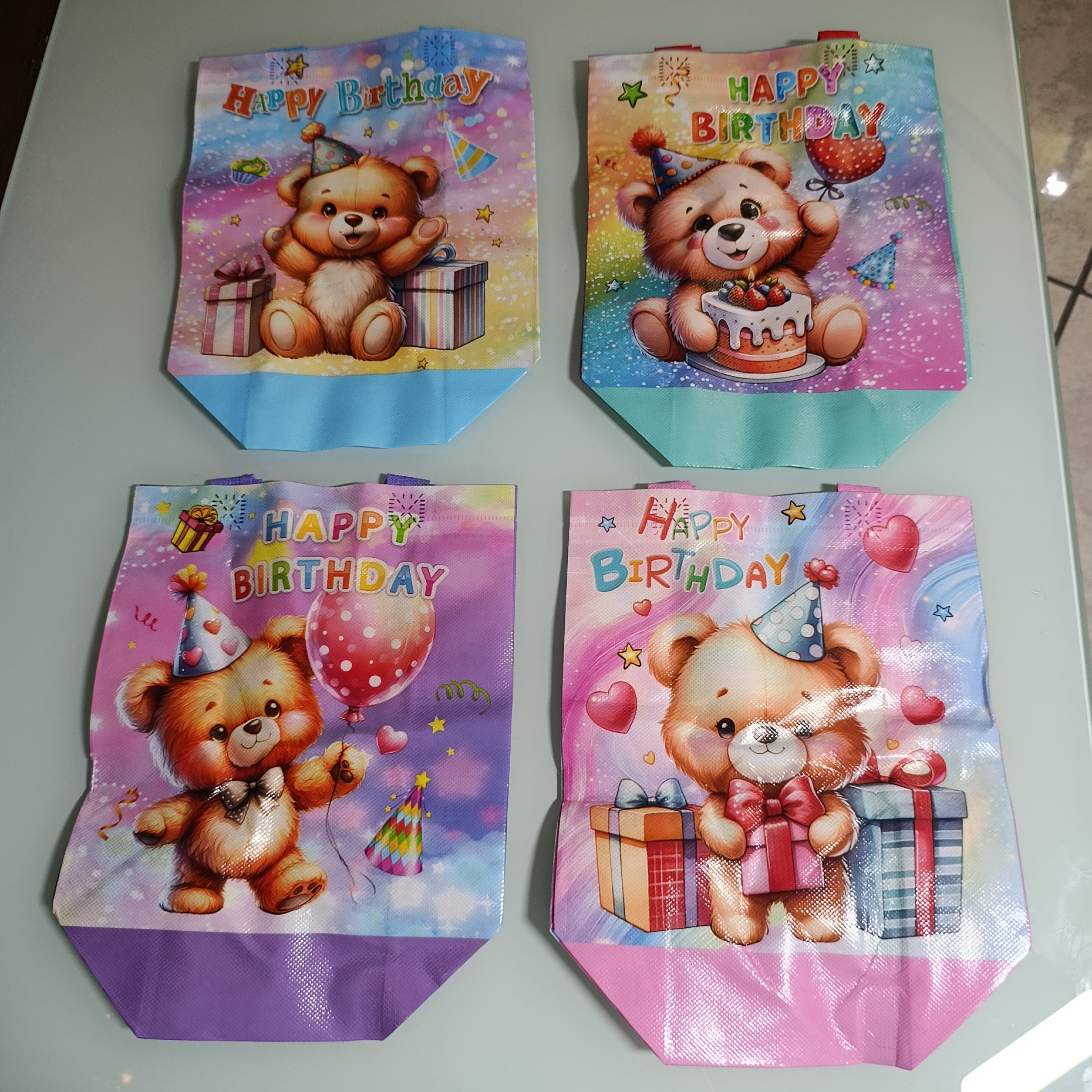 BOLSA DECORADA DE POLIPROPILENO DE 29X22 CM SURTIDA EN COLORES Y DISEÑOS MOTIVO DE CUMPLEAÑOS OSITOS POR MAYOREO
