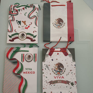 V2204- 12 PZA BOLSA DE REGALO CARTON Y LISTON 1A CALIDAD 24X18 CM MOTIVOS PATRIOS POR MAYOREO