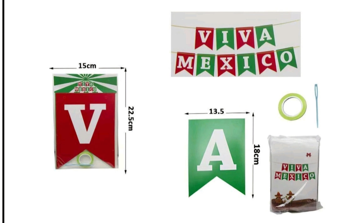 V1401- 12 JUEGOS SET DE BANDERINES DE CARTON CON ANUNCIO QUE DICE VIVA MEXICO DE 15X22 CM CADA LETRA POR MAYOREO
