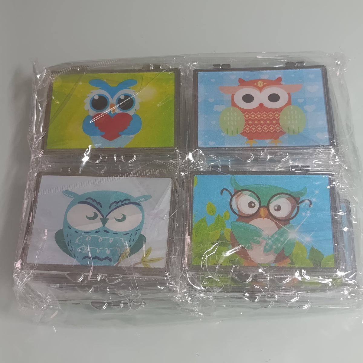 ESPEJO DE BOLSILLO MOTIVOS BUHO POR MAYOREO CON 12 PZAS